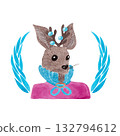 Portrait of a deer in a fuchsia shirt with a lush frill. Christmas watercolor illustration. The animal in elegant clothing for children's product design 132794612