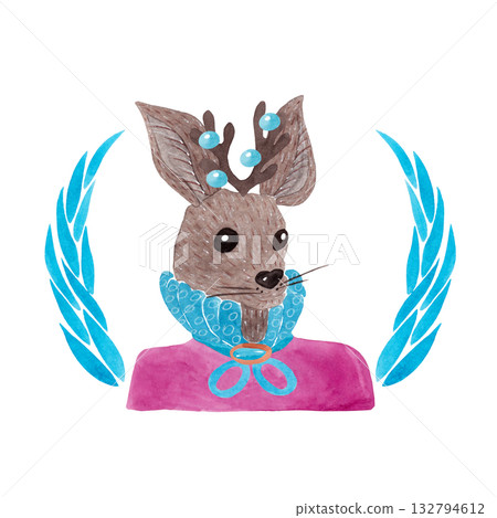 Portrait of a deer in a fuchsia shirt with a lush frill. Christmas watercolor illustration. The animal in elegant clothing for children's product design Portrait of a deer in a fuchsia shirt with a lush frill. Christmas watercolor illustration. The animal in elegant clothing for children's product design 132794612
