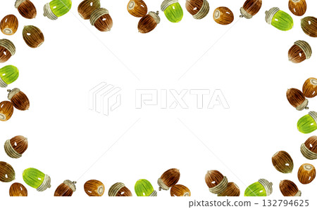 橡實邊框 - 手繪水彩插畫背景，描繪了秋季植物 132794625