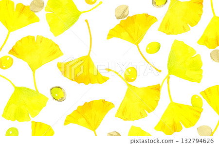 以黃色銀杏葉和銀杏果實為背景。手繪水彩秋季植物插圖。 132794626