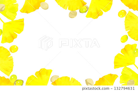 Frame of yellow ginkgo leaves and ginkgo nuts. Hand-drawn watercolor illustration background of autumn plants. 132794631