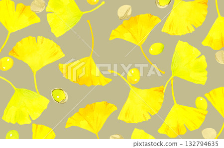 以黃色銀杏葉和銀杏果實為背景。手繪水彩秋季植物插圖。 以黃色銀杏葉和銀杏果實為背景。手繪水彩秋季植物插圖。 132794635