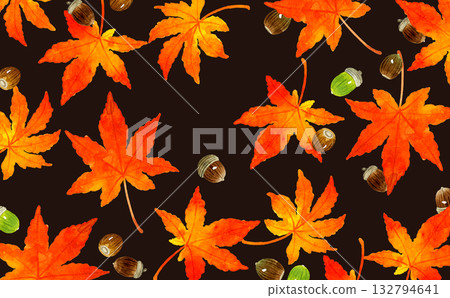 Autumn leaves and acorns background. Hand-drawn watercolor illustration of autumn plants. 132794641