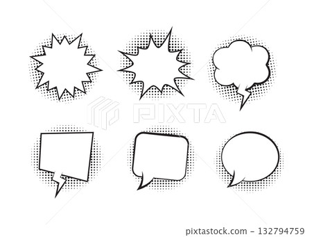 Retro empty comic bubbles and elements set with black halftone shadows stock illustration 132794759