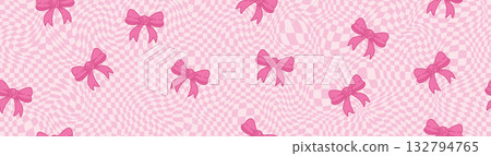 Playful retro background features wavy checkerboard pattern with scattered daisies and cute bow elements. Soft pastel colors in seamless repeating design with copy space. Stock vector illustration in Playful retro background features wavy checkerboard pattern with scattered daisies and cute bow elements. Soft pastel colors in seamless repeating design with copy space. Stock vector illustration in 132794765
