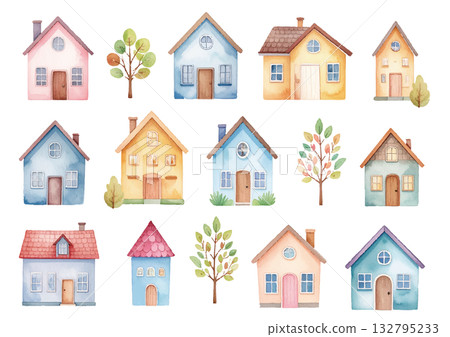 水彩風格可愛房子與樹木插畫集 132795233