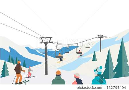 冬季滑雪勝地，纜車和人們正在欣賞美景的插圖 132795404