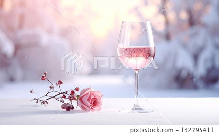 淺色的磨砂玻璃杯和桃紅葡萄酒散發出冬日氣息。 132795411