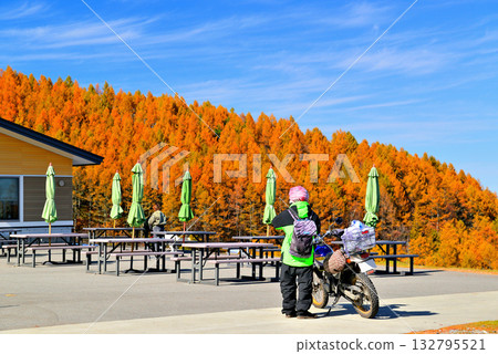 Fairy Tale Highway: Saku city in the morning mist and autumn leaves in the mountains seen from the pass 132795521