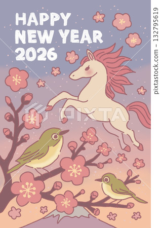 一款時尚的新年賀卡模板，圖案包括梅花、駿馬和鶯鳥。 132795619