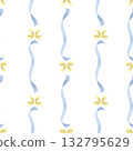 Seamless pattern with blue ribbons and yellow bows, handdrawn in watercolor on a white background Decorative element pastel tones for festive designs 132795629