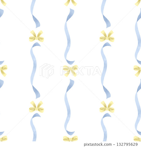 Seamless pattern with blue ribbons and yellow bows, handdrawn in watercolor on a white background Decorative element pastel tones for festive designs 132795629