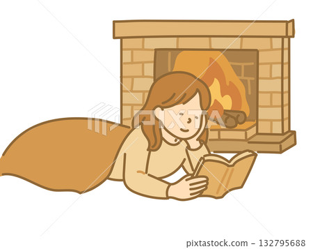 Illustration of a woman reading while warming herself by the fireplace 132795688