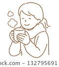 Illustration of a woman wearing gloves and holding a drink (line only) 132795691