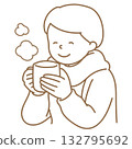 Illustration of a man wearing gloves and holding a drink (line only) 132795692