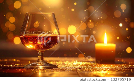 A winter night lit by candlelight and amber brandy 132795719