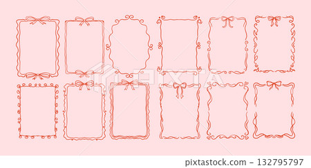Hand drawn decorative whisimal retro frames with ribbon bows, elegant border collection, romantic outline design for cards and invitations 132795797