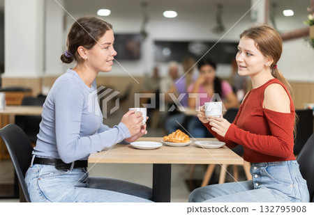 Girl in cafe sits near girl companion; has nice conversation and discusses news of day 132795908
