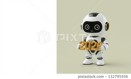 Cheerful robot character holding golden 2026 sign, standing against a soft pastel background, celebrating the arrival of the New Year Cheerful robot character holding golden 2026 sign, standing against a soft pastel background, celebrating the arrival of the New Year 132795936