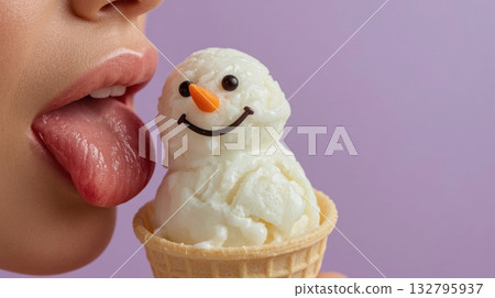 Close-up of woman playfully licking snowman-shaped ice cream cone, showcasing fun and creativity against a pastel background Close-up of woman playfully licking snowman-shaped ice cream cone, showcasing fun and creativity against a pastel background 132795937