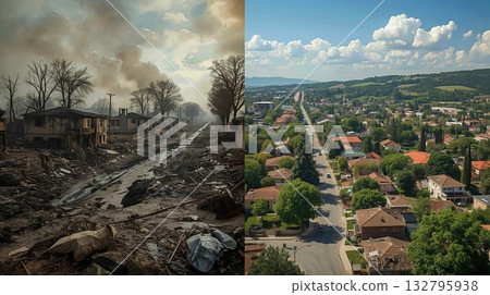 Contrast of devastated landscape with burnt structures and thriving neighborhood showcasing resilience and recovery in urban environments 132795938
