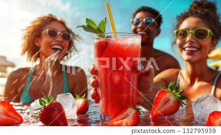 Refreshing Strawberry Drink with Friends Enjoying Summer Vacation. A Tropical Getaway. Refreshing Strawberry Drink with Friends Enjoying Summer Vacation. A Tropical Getaway. 132795939