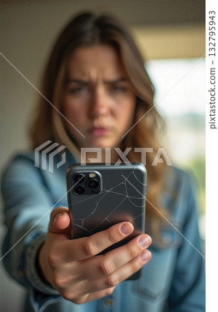 Frustrated Young Woman Holding a Smartphone with a Cracked Screen Display in Her Hand 132795943