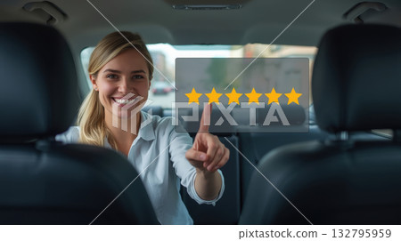Smiling woman in a taxi showing five-star rating with hand gesture, conveying satisfaction and positive experience in ride-sharing service 132795959