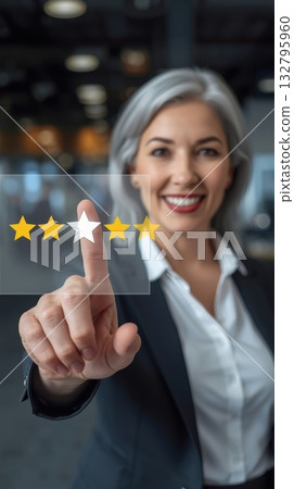 Senior woman interacting with digital rating system, selecting star ratings for customer feedback, showcasing modern customer service engagement Senior woman interacting with digital rating system, selecting star ratings for customer feedback, showcasing modern customer service engagement 132795960