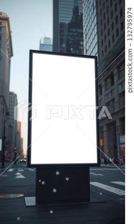Blank advertising billboard mock up on busy urban street with skyscrapers and pedestrians, ideal for promotional design and marketing purposes 132795974