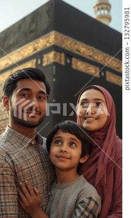 Family group portrait with joyful expressions near Holy Kaaba in Mecca, showcasing cultural significance and emotional connection in a spiritual setting 132795981
