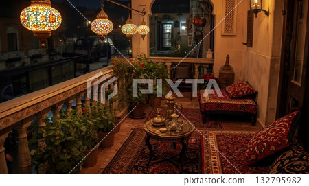 Cozy balcony adorned with colorful lanterns, lush plants, and traditional seating, creating an inviting atmosphere for relaxation and social gatherings Cozy balcony adorned with colorful lanterns, lush plants, and traditional seating, creating an inviting atmosphere for relaxation and social gatherings 132795982