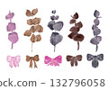 Four types of eucalyptus and bows in brown and purple. Large set for your design. Watercolor elements 132796058