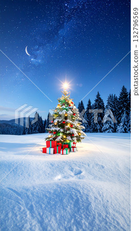 A shining Christmas tree on a snowy field, a starry sky and presents on Christmas Eve 132796569
