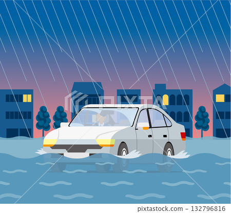 夜間汽車行駛在被洪水淹沒的道路上_廣場 132796816