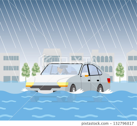 汽車行駛在被洪水淹沒的道路上_廣場 132796817