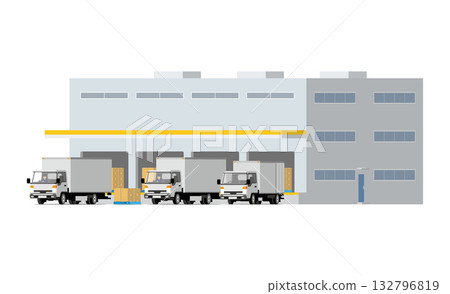 Logistics center and trucks loading and unloading goods 132796819