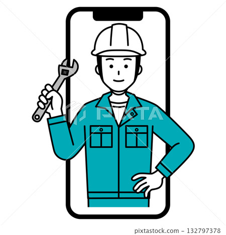 A male worker wearing a helmet receives online consultation via smartphone A male worker wearing a helmet receives online consultation via smartphone 132797378