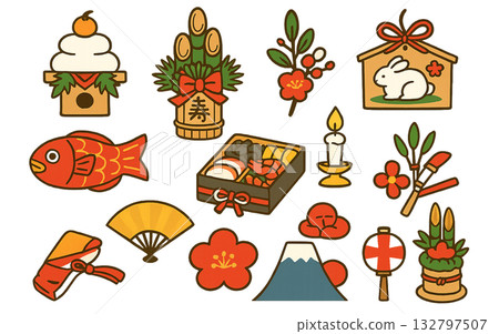 簡易新年插畫素材套裝 簡易新年插畫素材套裝 132797507