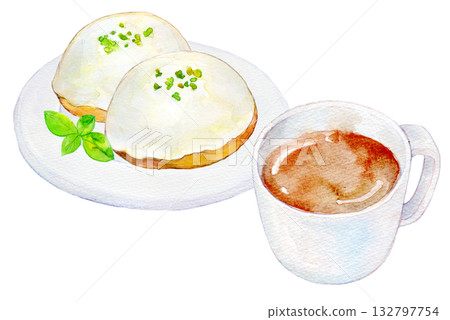 Watercolor illustration, hand-drawn illustration, lemon cake and coffee set 132797754