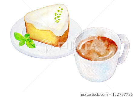 Watercolor illustration, hand-drawn illustration, lemon cake and coffee set 132797756