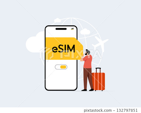 Travel eSIM technology - global connectivity without physical SIM cards. Travel e-sim enabling easy activation, flexible data plans, reliable internet access for travelers worldwide illustration Travel eSIM technology - global connectivity without physical SIM cards. Travel e-sim enabling easy activation, flexible data plans, reliable internet access for travelers worldwide illustration 132797851