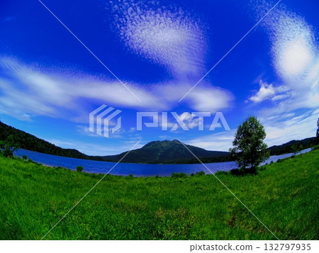 Oze National Park, a summer marsh overlooking Mt. Hiuchigatake Oze National Park, a summer marsh overlooking Mt. Hiuchigatake 132797935