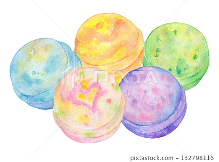 Watercolor illustration, hand-drawn illustration, colorful bath bomb set 132798116