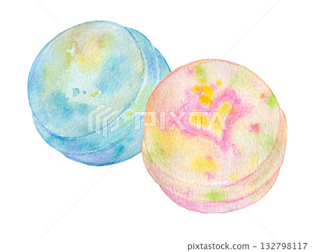 Watercolor illustration, hand-drawn illustration, colorful bath bomb set Watercolor illustration, hand-drawn illustration, colorful bath bomb set 132798117