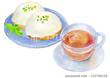 Watercolor illustration, hand-drawn illustration, lemon cake and tea set, coffee shop menu 132798156