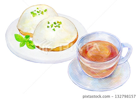 Watercolor illustration, hand-drawn illustration, lemon cake and tea set, coffee shop menu Watercolor illustration, hand-drawn illustration, lemon cake and tea set, coffee shop menu 132798157