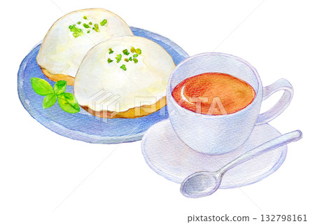 水彩插畫，手繪插畫，檸檬蛋糕和茶具，咖啡店菜單 132798161