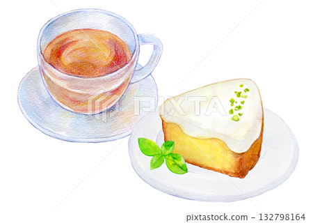 Watercolor illustration, hand-drawn illustration, lemon cake and tea set, coffee shop menu 132798164