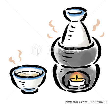 Hot sake warmed in a hot water bath - hand-drawn illustration with a brush stroke Hot sake warmed in a hot water bath - hand-drawn illustration with a brush stroke 132798295